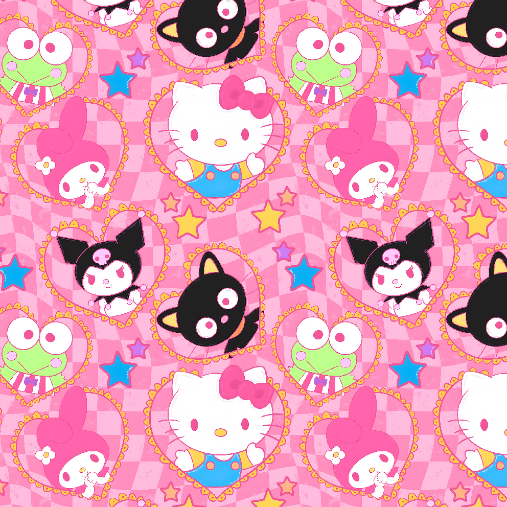 BRUSH ESTAMPADO HELLO KITTY Y SUS AMIGOS FONDO CUADROS ROSADOS