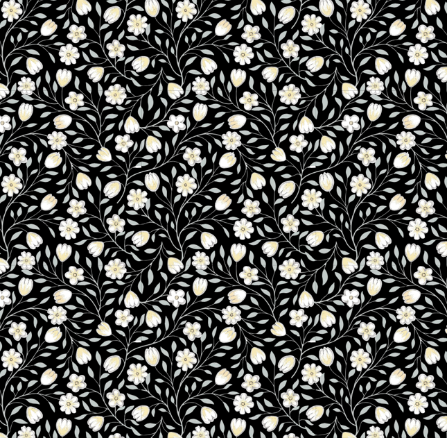 BRUSH ESTAMPADO ENREDADERA FLORES BLANCA FONDO NEGRO