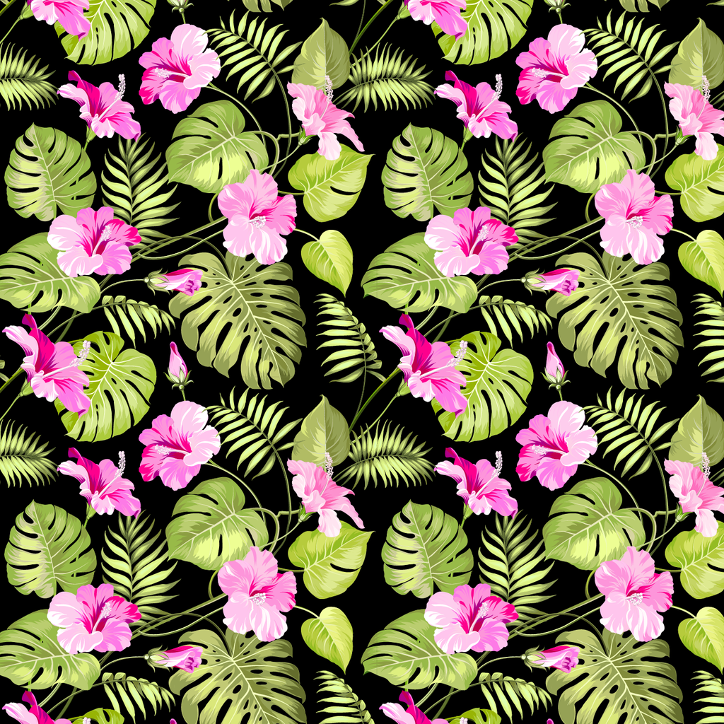 BRUSH ESTAMPADO AMAPOLAS ROSADAS & HOJAS VERDES FONDO NEGRO