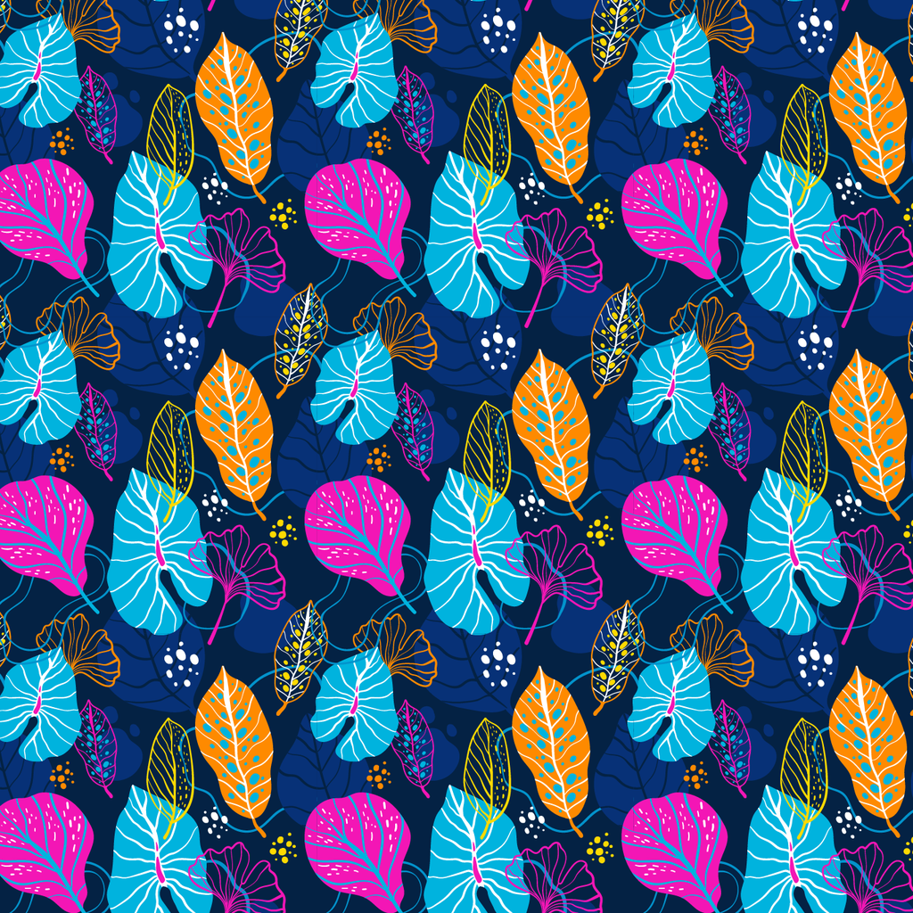 BRUSH ESTAMPADO HOJAS DE COLORES FONDO AZUL