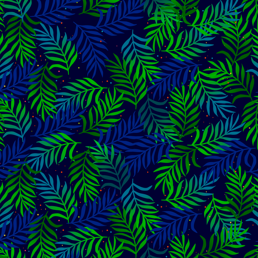 BRUSH ESTAMPADO HOJAS VERDES & AZULES FONDO NEGRO