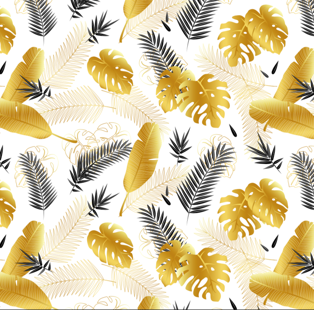 BRUSH ESTAMPADO HOJAS & PLUMAS DORADAS FONDO BLANCO