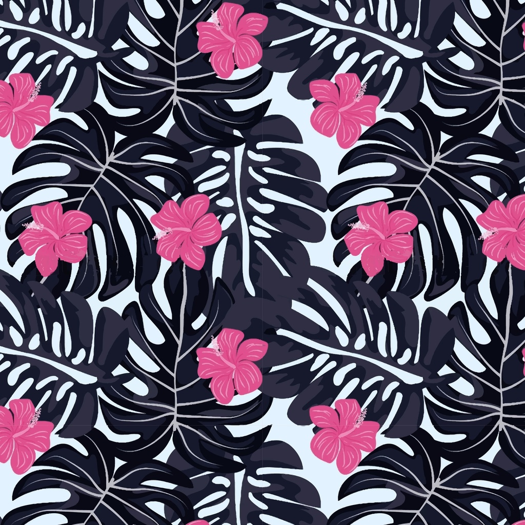 BRUSH ESTAMPADO FLORES ROSADA HOJAS NEGRO FONDO BLANCO