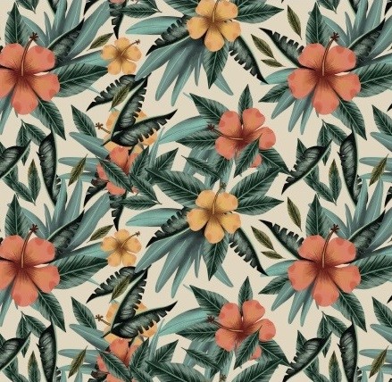 BRUSH ESTAMPADO HOJAS VERDES FLORES AMARILLAS & NARANJA FONDO CREMA