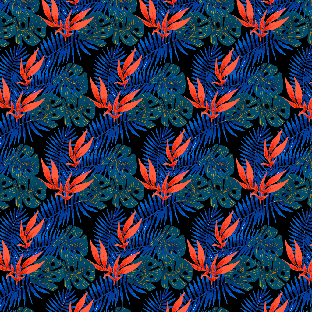 BRUSH ESTAMPADO HOJAS VERDES, AZULES & CORALES FONDO NEGRO