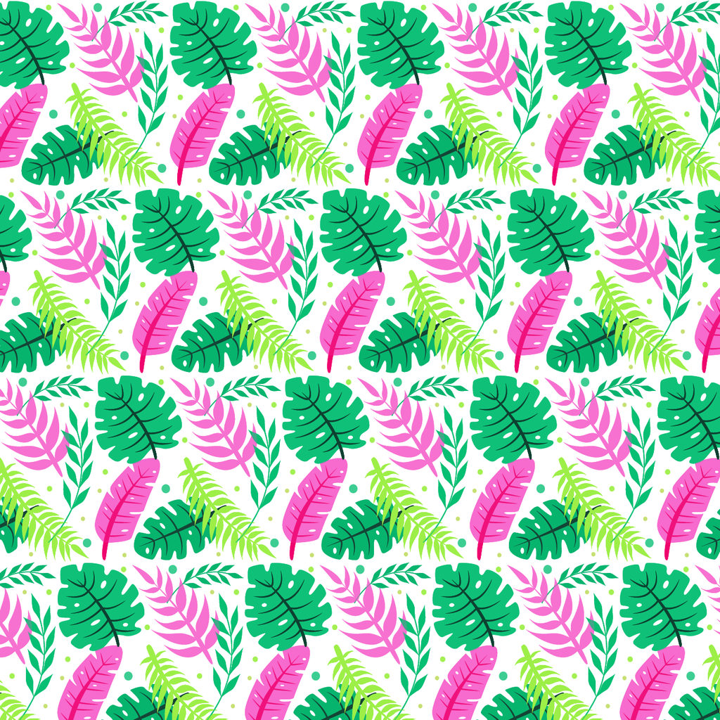 BRUSH ESTAMPADO HOJAS VERDES & FUCSIAS FONDO BLANCO