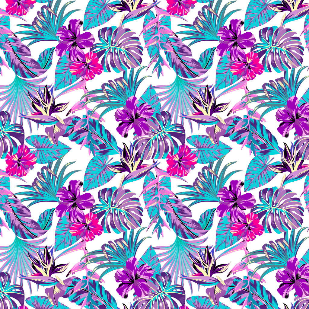 BRUSH ESTAMPADO HOJAS TURQUESAS & MORADAS FONDO BLANCO