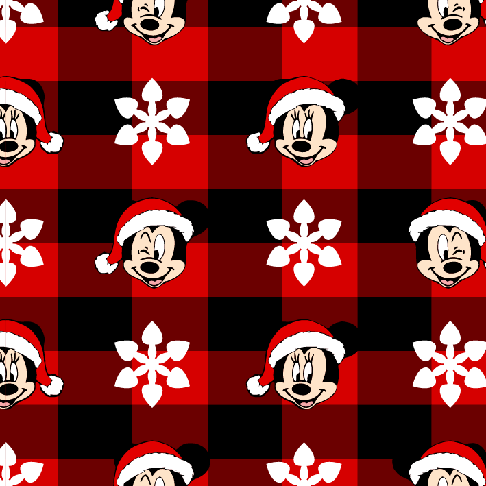 BRUSH ESTAMPADO CARAS MICKEY Y MINNIE NAVIDAD FONDO DE CUADROS ROJOS Y NEGROS