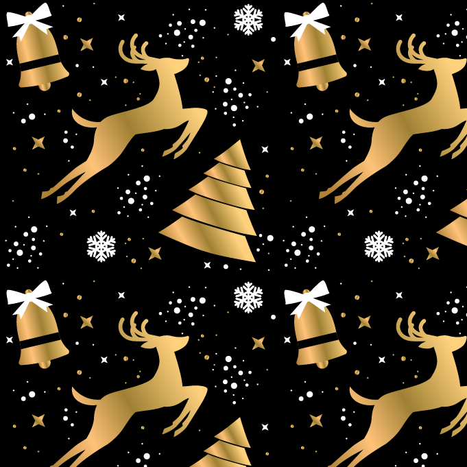 BRUSH ESTAMPADO NAVIDEÑOS RENOS & CAMPANAS DORADAS FONDO NEGRO