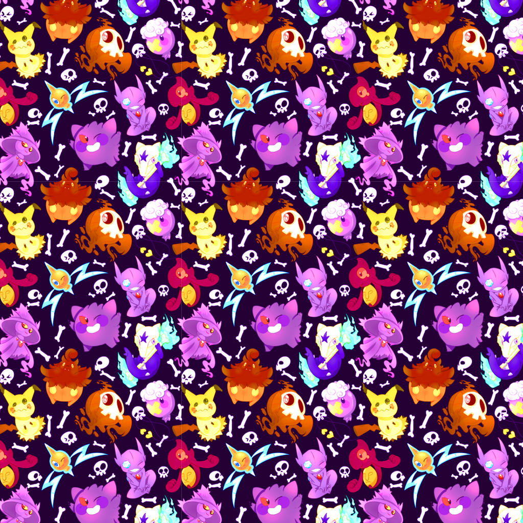 BRUSH ESTAMPADO POKEMON FANTASMAS CHIBI FONDO NEGRO