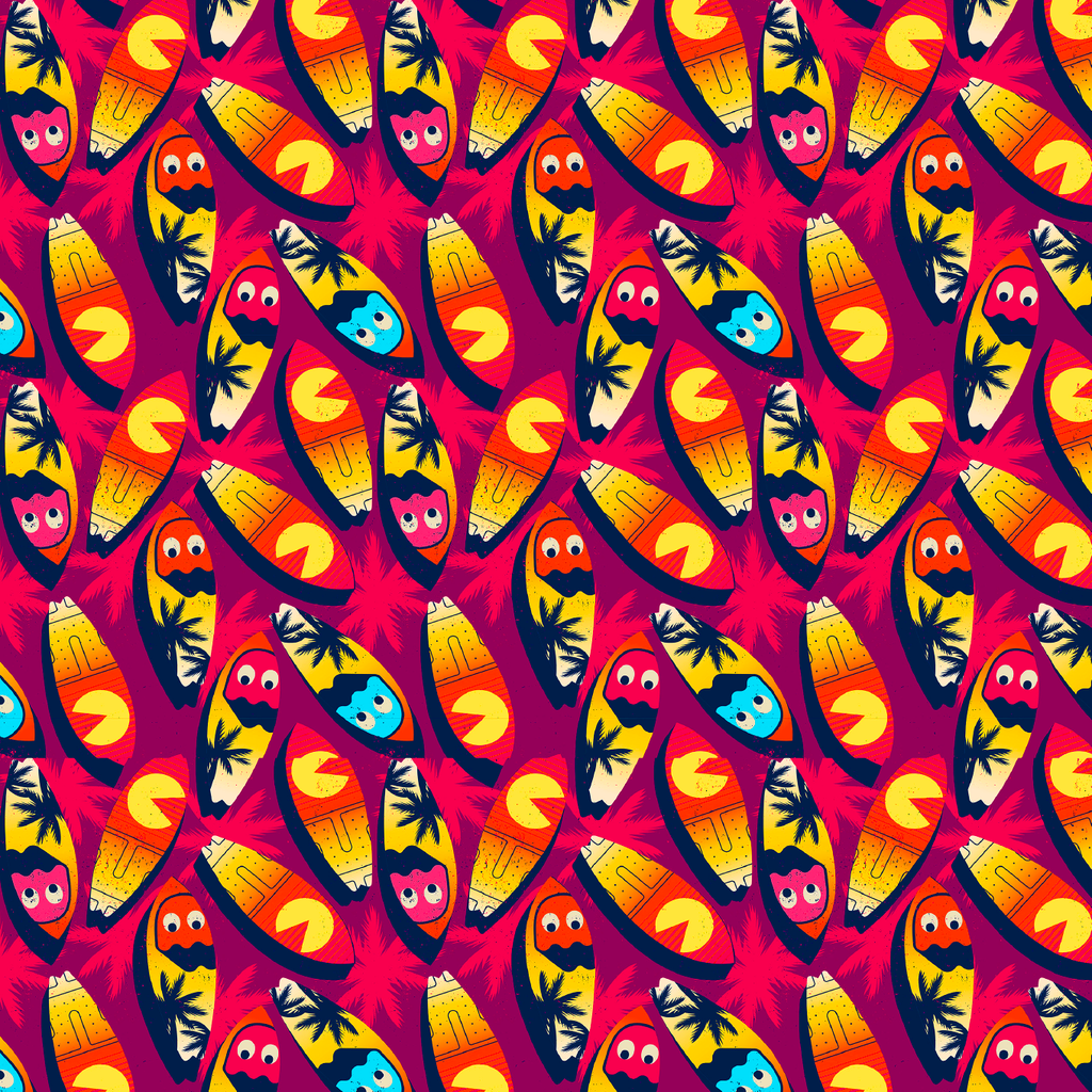 BRUSH ESTAMPADO PACMAN & TABLAS DE SURF FONDO FUCSIA