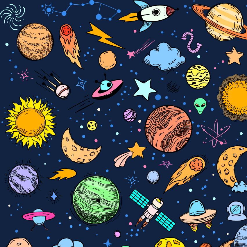 BRUSH ESTAMPADO SISTEMA SOLAR CARTOON FONDO AZUL NAVY