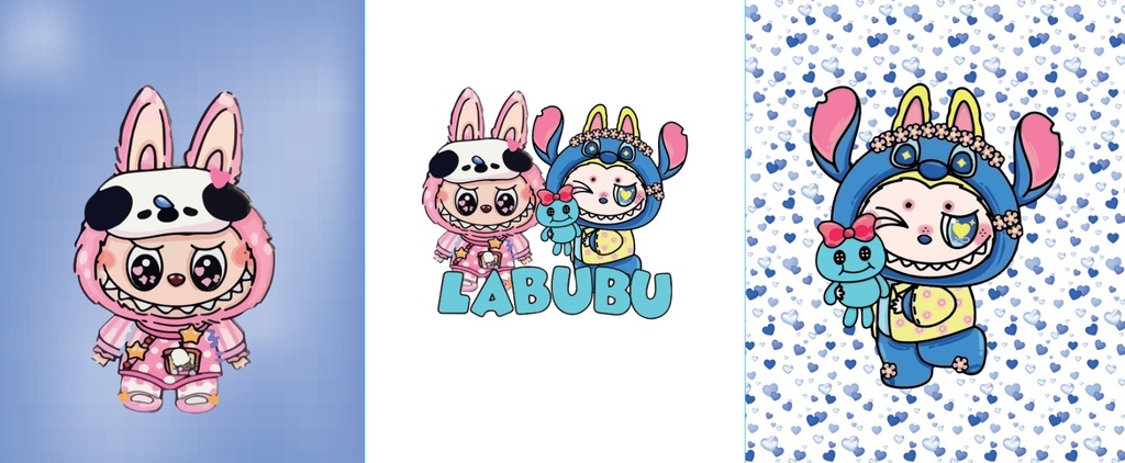 BRUSH ESTAMPADO FRENTE LABUBU CELESTE Y BLANCO CORAZONES ADULTO