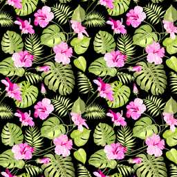 [FLO1004] BRUSH ESTAMPADO AMAPOLAS ROSADAS & HOJAS VERDES FONDO NEGRO