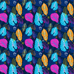 [FLO1018] BRUSH ESTAMPADO HOJAS DE COLORES FONDO AZUL