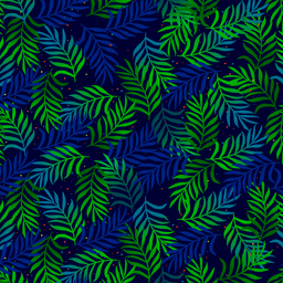 [FLO1019] BRUSH ESTAMPADO HOJAS VERDES & AZULES FONDO NEGRO