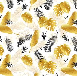 [FLO1038] BRUSH ESTAMPADO HOJAS & PLUMAS DORADAS FONDO BLANCO