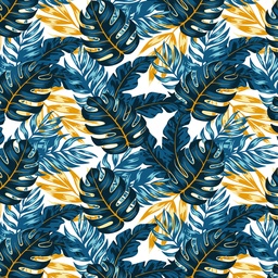 [FLO1043] BRUSH ESTAMPADO HOJAS AZULES & DORADAS FONDO BLANCO