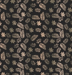 [FLO1046] BRUSH ESTAMPADO HOJAS & PLUMAS DORADAS FONDO NEGRO
