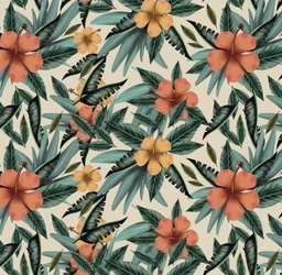 [FLO1047] BRUSH ESTAMPADO HOJAS VERDES FLORES AMARILLAS & NARANJA FONDO CREMA