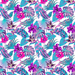 [FLO1065] BRUSH ESTAMPADO HOJAS TURQUESAS & MORADAS FONDO BLANCO