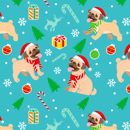 [NAN1005] BRUSH ESTAMPADO NAVIDAD PUGS FONDO TURQUESA